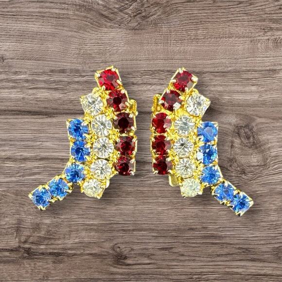 Vintage Kramer New York Red/White/Blue Rhinestone Gold Tone Clip Earrings - Picture 4 of 7
